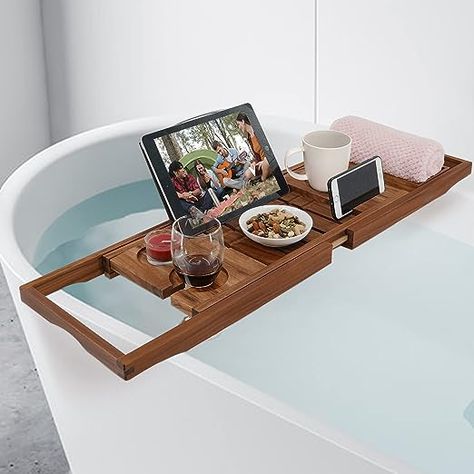 Teak Bathtub Tray, Expandable Wooden Bath Tray for Tub with Wine and Book Holder, Solid Bathroom Caddy with Free Teak Body Brush Wooden Bath Tray, Wood Bath Tray, Teak Bath, Wooden Bathtub, Teak Shower Bench, Tub Tray, Bathroom Caddy, Bathtub Caddy, Double Bath