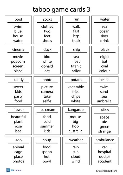 taboo game cards Upwords Board Game, Beginners English Teaching Materials, The 3 Words Game, Education Games For Kids Learning, Taboo Cards Printable, 3 Words Game, English Games For Kids Teaching, Fun Printable Activities For Kids, English Games Teaching