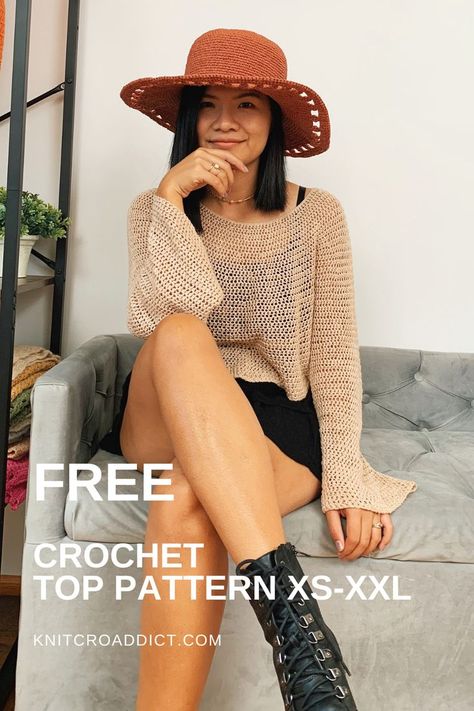 Amigurumi Patterns, Free People Crochet Sweater, Crochet Top With Sleeves Pattern, Bell Sleeve Crochet Top Pattern Free, Crochet Top Outfit Fall, Long Sleeve Top Crochet Pattern, Sew Womens Clothes, Long Sleeve Crochet Top Free Pattern, Crochet Sweater Loose