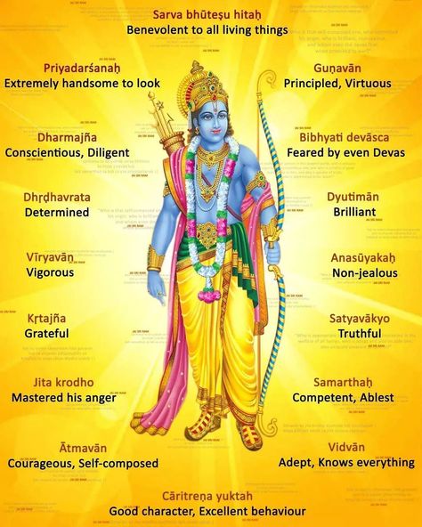 16 Kalyan Gunas of Lord Rama Lord Ram Image, Shree Ram Images, Lord Sri Rama, Hindu Vedas, Jai Shri Ram, Indian Culture And Tradition, Spiritual Photos, Rama Image, Ram Ji