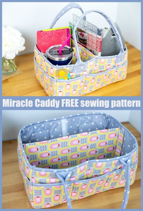 Miracle Caddy FREE sewing pattern. Here's a fabulous multi-purpose organizer to sew that’s perfect for taking your favorite craft supplies, classroom items, or baby gear on the go. This storage basket sewing pattern has a handle and divided compartments. A fun to sew fabric basket with handles, a great gift idea to sew for new moms and crafters. Sew Ins, Basket Sewing Pattern, Bachata Dance, Modern Bag, Fabric Basket, Free Sewing Pattern, Tote Bags Sewing, Techniques Couture, Christmas Ornament Pattern