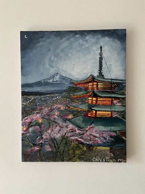 Tokyo Painting Acrylic, Japan Painting Acrylic, Japanese Painting Acrylic, Tokyo Painting, Acrilic Paintings, Japan Painting, Painting Inspo, Mt Fuji, Sky Painting