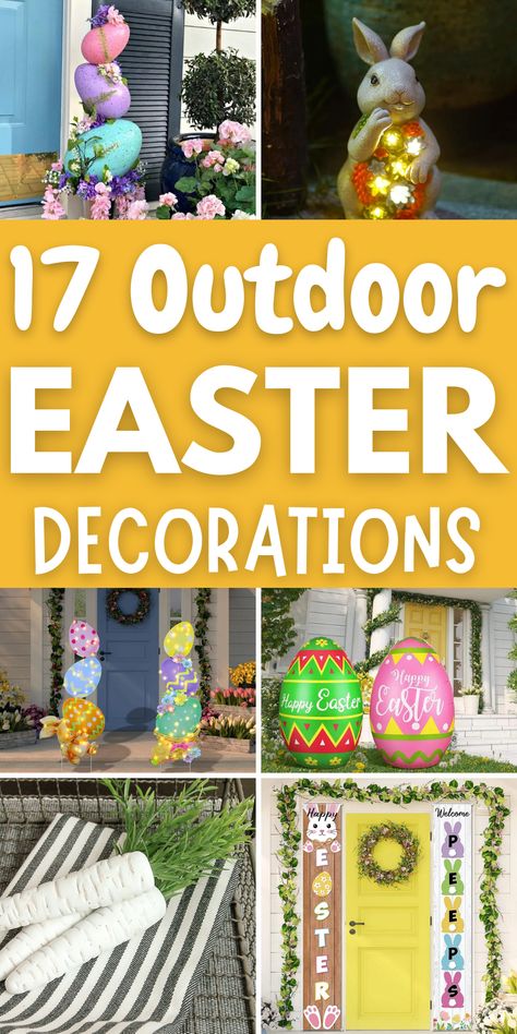 With Easter just around the corner, now is the perfect time to start thinking about Outdoor Easter Decorations! There are a number of different ways to decorate for Easter. Here we’ve gathered some of the most creative and beautiful outdoor Easter decoration ideas. From Easter wreaths and garlands to bunny-themed yard decorations, there are endless possibilities. Easter Garden Decorations Diy Projects, Front Porch Easter Ideas, Front Yard Easter Decor, Easter Decor For Front Porch, Easter Ideas Decoration Outdoors, Diy Easter Outdoor Decorations, How To Decorate For Easter, Easter Outdoor Decorations Diy, Diy Outdoor Easter Decor