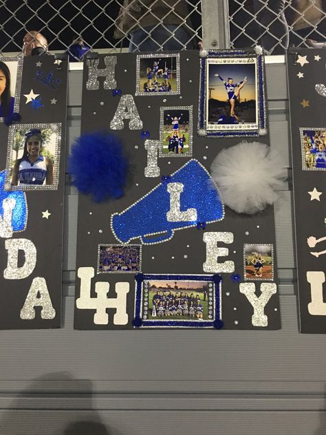 8th Grade Cheer Night Gifts, Senior Dance Poster Ideas, Senior Recognition Poster Ideas, Easy Senior Night Posters, Senior Posters Cheerleading, Senior Locker Decorations Ideas Cheer, Senior Cheer Posters Ideas, High School Senior Night Posters, Senior Night Posters Poms