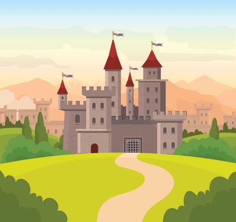 Vector illustration for children book with fairy castle. Medieval fairytale magical magic fortress fort royal palace. Medieval Fairytale, Castle Cartoon, Castle Clipart, Castle Medieval, Castle Vector, Illustration For Children, Castle Illustration, Castle Background, Tree Fort