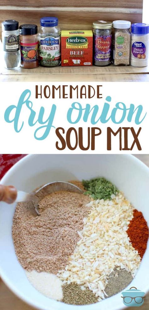 This is a deliciously easy Homemade Dry Onion Soup Mix recipe. Control the sodium, MSG and gluten that goes into your diet with this do-it-yourself recipe! Homemade Dry Onion Soup Mix Recipe, Dried Onion Soup Mix Recipes, Dry Onion Soup Mix Recipe, Homemade Onion Soup Mix, Onion Soup Mix Recipe, Dry Soup Mix, Homemade Dry Mixes, The Country Cook, Low Sodium Recipes