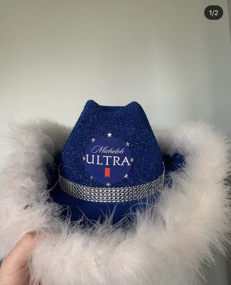 Alcohol Cow Girl Hats, Michelob Ultra Cowboy Hat, Liquor Cowgirl Costume, Liquor Hat Party, Cowboy Hats Decorated Like Alcohol, 21st Birthday Cowgirl Hat, Alcohol Themed Cowboy Hats, Liquor Cowboy Hats Diy, Alcoholic Cowboy Hats