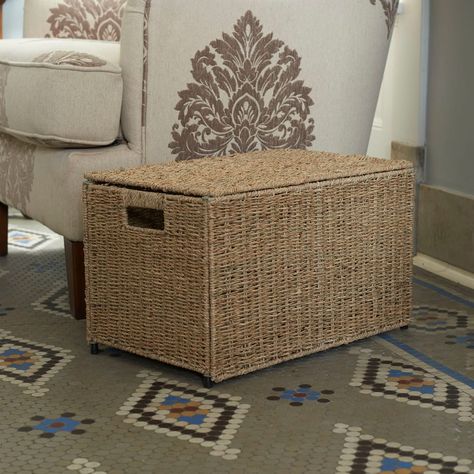 "Shop the Household Essentials Large Woven Chest at Michaels. com. This attractive wicker chest allows you to easily add a stylish storage solution for any room in your home. This chest can be used in a variety of ways. This attractive wicker chest allows you to easily add a stylish storage solution for any room in your home. This chest can be used in a variety of ways. Use it to house extra blankets or throw pillows in a living room or in a bedroom at the foot of a bed. Use it in the laundry ro Toy Organization Living Room, Organization Living Room, Wicker Storage Trunk, Plastic Storage Totes, Wicker Chest, Wicker Trunk, Wicker Box, Wicker Bedroom, Wicker Storage