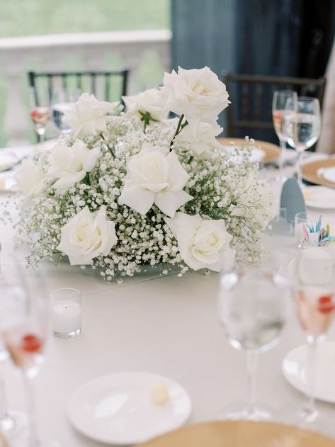 Wedding Gypsophila Table, White Flower Table Centerpieces Wedding, Top Table Gypsophila, Floral Wedding Centrepiece, Classic Wedding Flowers Centerpieces, Diy Floral Wedding Centerpieces, White Rose And Greenery Centerpiece, Wedding Floral Centerpieces Low, White Rose Baby Breath Centerpiece