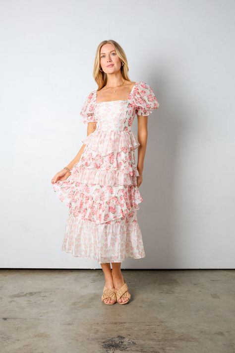 In Love Midi Dress Ruffle Tiered Midi Dress, Tiered Prom Dress With Sleeves, Prom Floral Dresses, Garden Tea Party Dress, Pink Church Dress, Garden Tea Party Outfit, Amish Dresses, Homecoming Dress With Sleeves, White And Pink Dress