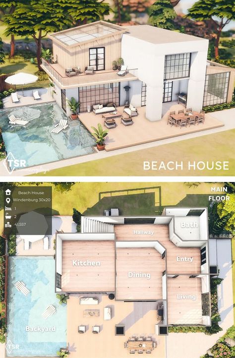 Beach House Layout Sims 4 Beach House Layout, Beach House Sims 4 Floor Plans, Sims 4 House Layouts, Beach House Blueprints, Sims 4 Beach House, Beach House Layout, Sims 4 Family House, Cute Beach House, Cottage Layout