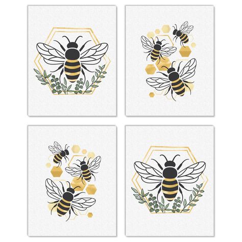 PRICES MAY VARY. Little Bumblebee Artisms INCLUDES: Set of 4 linen paper wall art prints. Each print SIZE 8 inches x 10 inches. These 4 unframed prints are perfect home decor for your kitchen, living room, den. WALL ART SET: Little Bumblebee unframed prints are a coordinating set of 4 prints that will give your wall a pulled together look. This set is printed for portrait wall art display. Choose to display as gallery wall set or use each print to style 4 individual moments throughout your home. Linen Paper Texture, Bee Nursery, Bumble Bee Art, Bee Drawing, Bee Wall Art, Honey Bee Decor, Wall Art Display, Bee Wall, Vertical Wall Art