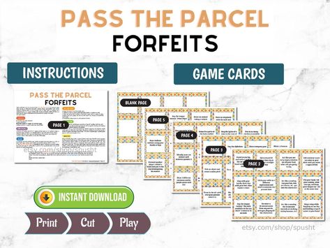 Pass the Parcel Forfeits Birthday Game for Adults & Kids | Etsy Pass The Parcel Ideas Adults, Forfeit Ideas, Pass The Parcel Game, Family Game Night Ideas, Pass The Prize, Pass The Parcel, Birthday Games For Adults, Group Games For Kids, Birthday Party Game