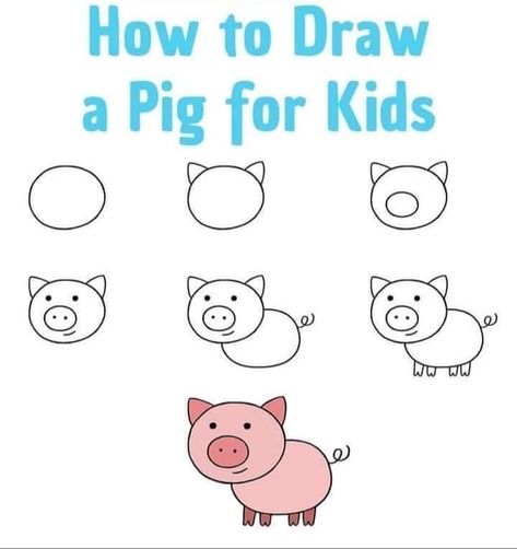 Pig Drawing Easy, Trin For Trin Tegning, Cool Drawings For Kids, Hand Art Kids, Doodle Art For Beginners, Easy Art For Kids, Drawing Lessons For Kids, Hur Man Målar, Drawing Tutorials For Kids