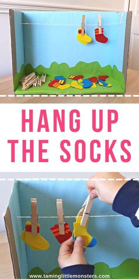 Match and Hang Up The Socks - Fine Motor Activity for Toddlers and Preschoolers. Perfect for helping kids develop fine motor skills. #finemotor #toddler #preschool #kindergarten Up And Down Activity For Preschool, Activity Fine Motor Skills, Pre Nursery Activities Motor Skills, Language Literacy Activities Toddlers, Fine Motor Diy Activities, Tot School Activities, Dollar Store Preschool Activities, Fine Motor Activities For Toddlers Ideas, Early Learning Activities Toddlers