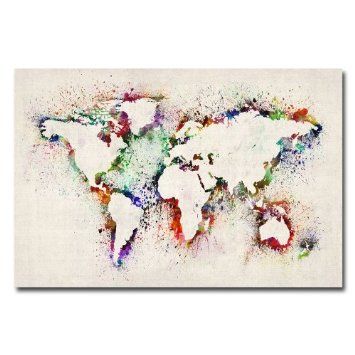 create a stencil and then splash paint onto the canvas...could use this idea for a number of different images, but I love this world map one! Crayon Art, World Map Painting, Watercolor World Map, Art Carte, Hur Man Målar, Map Canvas Art, World Map Canvas, Soyut Sanat Tabloları, Map Painting