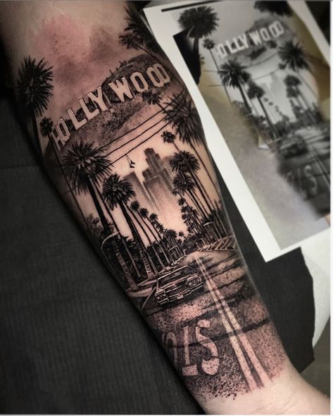 Dylan Weber on Instagram: “Los Angeles piece I had the privilege to do on David, thanks so much legend 🙏 #la #losangeles #hollywood #california #downtownla…” Old Traditional Tattoo, Hollywood Tattoo, Voll Arm-tattoos, Los Angeles Tattoo, California Tattoo, La Tattoo, Street Tattoo, Money Tattoo, City Tattoo