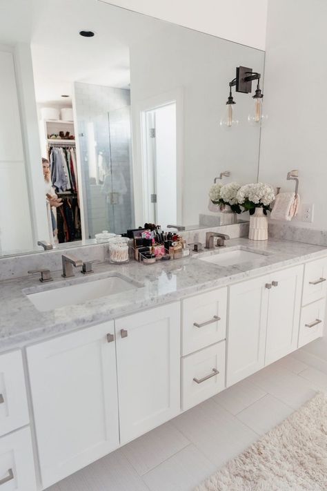 #storage #bathroomideas Organize Makeup In Bathroom Counter, Bathroom Sink Makeup Organization, Master Bath Makeup Area, Bathroom Counter Organization Double Sink, Bathroom Decor 2 Sinks, Double Sink Bathroom Organization Ideas, Double Sink Bathroom Counter Decor, Bathroom Counter Organization Clutter Master Bath, Makeup Bathroom Organization