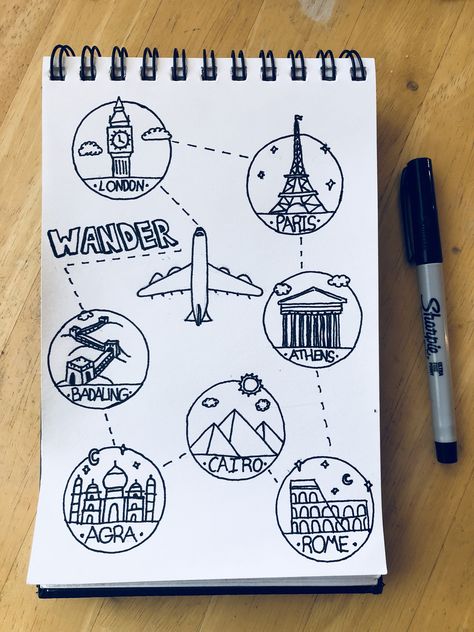 Travel doodle. These cities and landmarks on my list of places to visit. What’s on yours? Famous Landmarks Drawing, Creative Doodling, Travel Doodle, Travel Doodles, Famous Monuments, Overseas Travel, Travel Sketches, Girly Drawings, Art Things