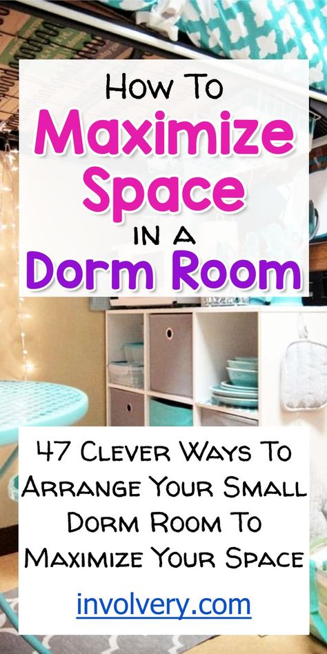 47 ways to arrange your dorm room to maximize space. Brilliant dorm room storage ideas, dorm room set up ideas, dorm space saver hacks and dorm organization ideas for guys and gals (even shared dorm room ideas) Maximize Dorm Space, Room Storage Ideas Aesthetic, Diy Dorm Furniture, Ways To Organize Small Bedroom, Organization Idea For Small Bedroom, Very Small Dorm Room Ideas, Small Dorm Room Ideas Aesthetic, Dorm Room Diy Decorations Crafts, Three Bed Dorm Room Layout