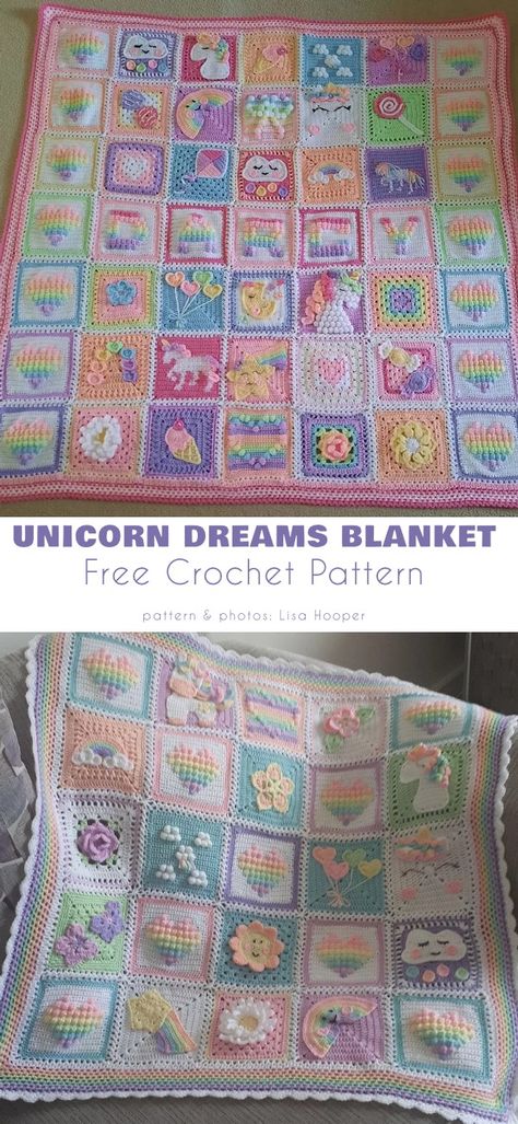 Amigurumi Patterns, Unicorn Dreams Blanket Crochet, Crochet Dream Blanket, Crochet Barbie Blanket Patterns Free, Crochet Barbie Blanket, Crochet Pastel Blanket, Crochet Blanket Boarder, Pastel Crochet Blanket, Unicorn Crochet Blanket