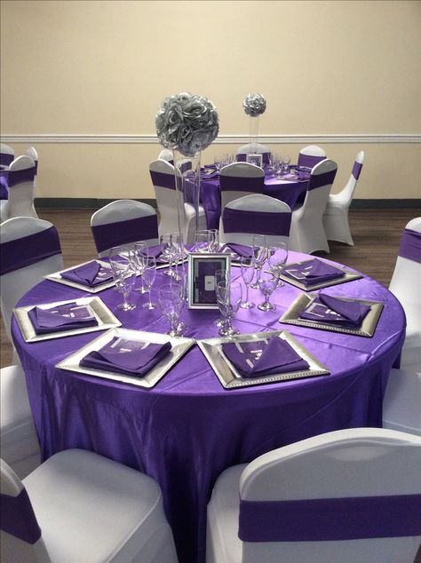 Purple And White 18th Birthday, Purple And Silver 60th Birthday Party, Purple White Silver Party, Purple And Bling Party, Purple Silver Black Party Decorations, Purple Silver And Black Party Decor, Silver And Purple Party, Purple White And Silver Party Decor, Silver And Purple Birthday Decorations