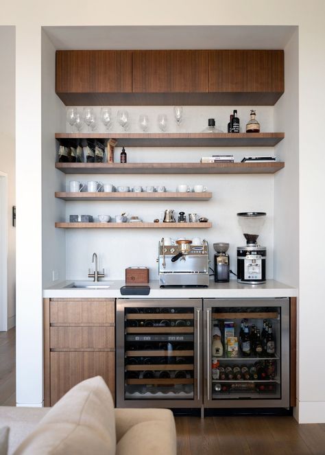 Step inside a contemporary yet inviting home in the Willamette Valley Kaffe Station, Coffee Bar Ideas Kitchen, Coffee Bar In Kitchen, Kaffe Bar, Bar In Kitchen, Coffee Bar Ideas Kitchen Counter, Bar Nook, Cozy Window Seat, Coin Café