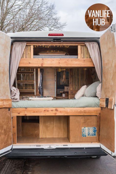 Rear of Citroen Relay campervan with doors open showing two wooden beds in bunkbed formation Van Life Bed Ideas, Can Conversion Ideas, Van Conversion Bed Frame, Campervan Bed Ideas, Camper Van Bed Ideas, Campervan Conversions Layout, Creative Bed, Single Loft Bed, Ceiling Bed