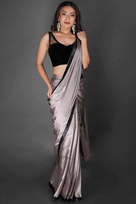 Blue Velvet Saree, Grey Satin Saree, Satin Saree Party Wear, Wedding Lehengas Bridal, Black Net Saree, 1 Minute Saree, Black Saree Blouse, Bridesmaid Sarees, Navy Blue Saree