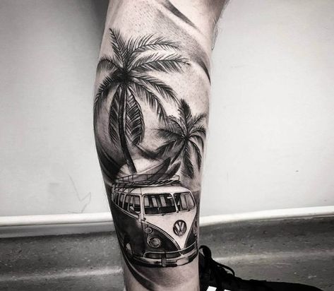 VW Surf Van tattoo by Jackart Tattoo | Photo 30646 Beach Theme Tattoos, Vw Tattoo, Van Tattoo, Best Tattoo Ideas For Men, Surf Van, Surf Tattoo, Hunter Tattoo, Beetle Tattoo, The Trend Spotter