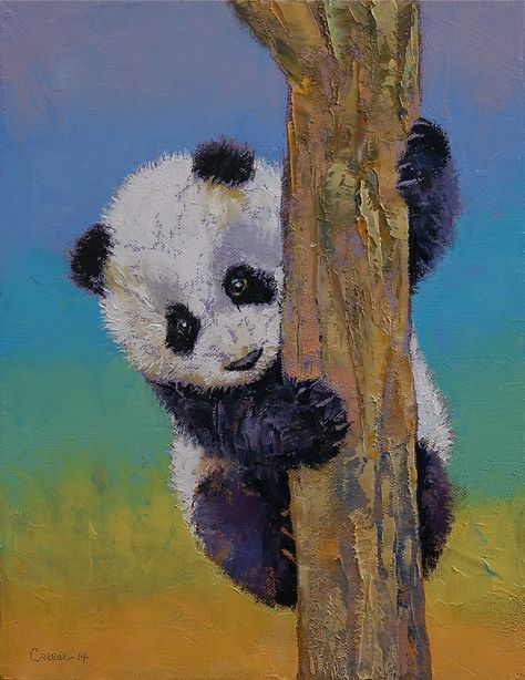 Peekaboo  by Michael Creese Panda Painting, Panda Art, Panda Bear, Animal Paintings, Contemporary Paintings, Animal Drawings, Animal Art, Painting Prints, Oil On Canvas