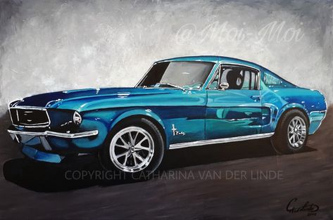 Mustang car painting. Acrylic on canvas. Beautiful art by Carina van der Linde @Moi-Moi Car Painting Acrylic Easy, Car Paintings Acrylic, Mustang Car Painting, Old Car Paintings, Car Artwork Wallpaper, Car Acrylic Painting, Car Painting Acrylic, Jerry Painting, Mustang Painting