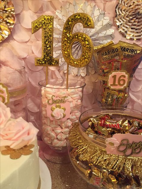 Pink and Gold Sweet Sixteen Candy Table Pink And Gold Sweet 16 Table Decor, Pink And Gold Candy Table, Pink Gold And White Sweet 16, Sweet Sixteen Pink And Gold Theme, Candy Table Sweet 16, Gold And Pink Sweet 16, Sweet 16 Candy Table, Candy Sweet 16, Party Themes Sweet 16