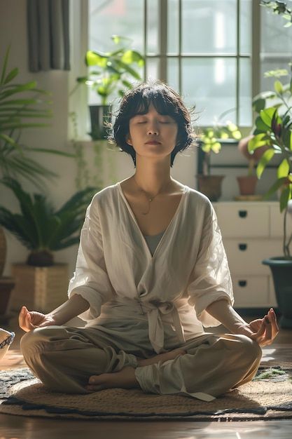 Premium Photo | Peaceful Morning Meditation with MiddleAged Asian Woman Meditation Pose Drawing Reference, Meditation Sitting Pose, Spiritual Poses, Poses Sitting Down, Morning Yoga Aesthetic, Meditation Pose Drawing, Peaceful Poses, Women Meditating, Yoga Asian