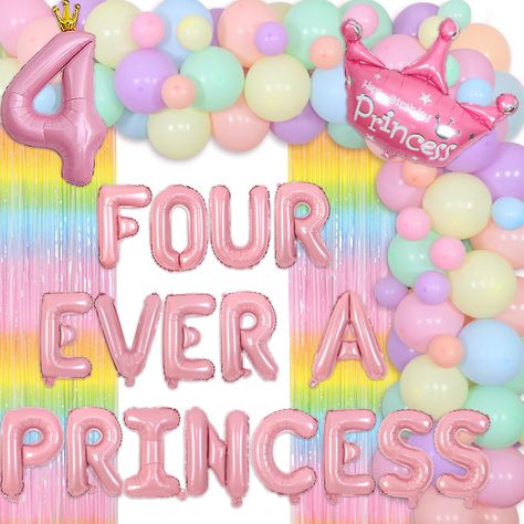 PRICES MAY VARY. Package Includes: Princess 4th birthday party decorations include 50 x latex balloons 12 inches, 15 x latex balloons 5 inches, 1 x rainbow fringe curtain 3 x 6 ft, 1 x four ever a princess foil balloons 16 inches(No Helium Supported), 1 x number 4 foil balloon 40 inches(Helium Supported), 1 x crown foil balloon 29.52 x 32.28 inches(Helium Supported), 1 x balloon garland strip, 1 roll of 100pcs adhesive dots, one pack can meet your various needs for four ever a princess birthday 4 Year Princess Birthday Party, Princess Rainbow Birthday Party, 4th Birthday Princess Theme, Four Themed Birthday Party, Four Year Old Party Theme, Disney Princess Fourth Birthday Party, Birthday Party Ideas For 4 Year Girl, 4 Year Birthday Party Themes, Birthday Ideas For 4 Year Girl