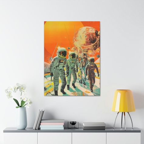 Embark on a visual journey to new frontiers with our Mission to the Stars Canvas Print. This captivating mixed-media collage depicts a group of astronauts setting out on a mission to colonize a distant exoplanet, seamlessly blending elements of 1960s space age aesthetics with modern, cutting-edge technology. The composition radiates optimism and determination, with the sun illuminating the spacecraft as it departs Earth, symbolizing humanity's relentless pursuit of exploration. Printed on top-quality canvas gallery wraps, our artwork is meticulously crafted with a finely textured, artist-grade cotton substrate. This ensures exceptional clarity and detail, faithfully reproducing the intricate elements of the mixed-media collage. The closed back canvases feature a patented solid support face Mixed Media Collage, Space Age, 1960s Space Age, Gallery Wall Arrangement, Futuristic Art, Retro Futuristic, Spacecraft, Stretched Canvas, Contrasting Colors