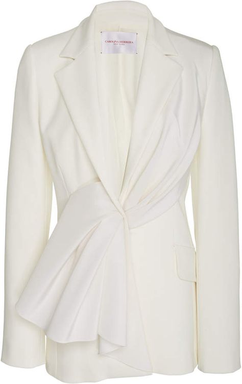 Carolina Herrera Draped Collared Crepe Blazer White Blazers, Couture Blazer, White Tops Outfit, Carolina Herrera Fashion, Abaya Fashion Dubai, Maternity Long Dress, Classy Suits, Crepe Blazer, Fancy Tops