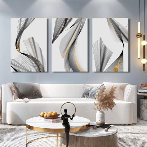 Silver Wall Decor, Prints For Bedroom, Modern Wall Paint, Grey Walls Living Room, White Wall Bedroom, Line Painting, Golden Line, Home Artwork, Living Room Decor Gray