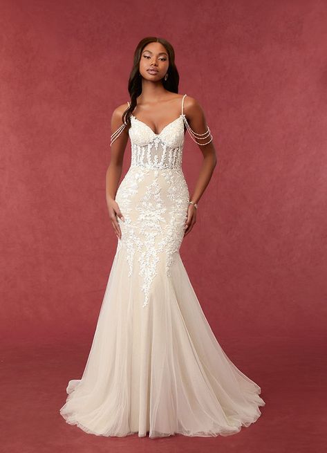 Shop Azazie Wedding Dress - Azazie Denise Wedding Dress in Tulle and Lace. Find the perfect wedding dress for your big day. Available in full size range (WD0-WD30) and in custom sizing at Azazie. Hourglass Wedding Dress, Glamorous Wedding Dress, Mermaid Trumpet Wedding Dresses, Glam Wedding Dress, Chapel Train Wedding Dress, Pearl Wedding Dress, Wedding Table Designs, White Champagne, Amazing Wedding Dress