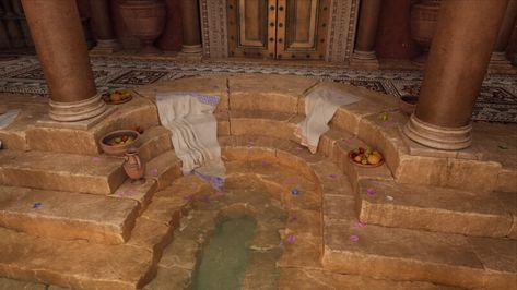 ArtStation - An Afternoon at the Baths (UE5) Fortaleza, Roman Bathroom, Roman Bath House, Roman Architecture, Roman Baths, Fiction Idea, Ancient Beauty, Fantasy Castle, Mythology Art