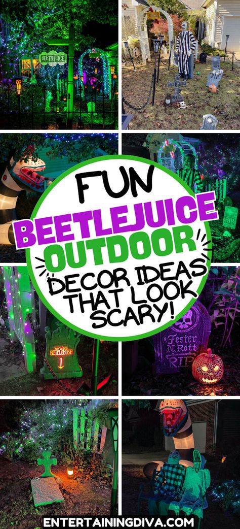 Beetlejuice Outdoor Decor Ideas For Your Halloween Yard Tim Burton Halloween Decor Outdoor, Beetlejuice Cemetery, Beetlejuice Outdoor Decorations Diy, Beetlejuice Halloween House, Beetle Juice Outdoor Decorations, Halloween Yard Theme Ideas, Beetlejuice Themed Party, Bettle Juice Halloween Decor, Beetlejuice Yard Decor