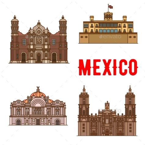 Tourist landmarks and sightseeings of Mexico. Our Lady of Guadalupe Basilica, Chapultepec Castle, Mexico Palace of Fine Arts, Metr Chapultepec Castle, Mexico History, Palace Of Fine Arts, Building Drawing, Our Lady Of Guadalupe, Lady Of Guadalupe, Tourist Spots, City Skyline, Logo Icons