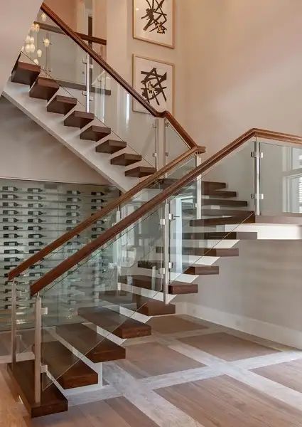 Stainless Steel And Glass Stair Railing, Stairs Design Glass Railings, Glass Staircase Railing Stainless Steel, Staircase Design Glass Railings, Stainless Steel Staircase Design, Glass Stairs Design Modern, Stairs Glass Railing Design, Modern Stair Railing Stainless Steel, Railing Design Stairs