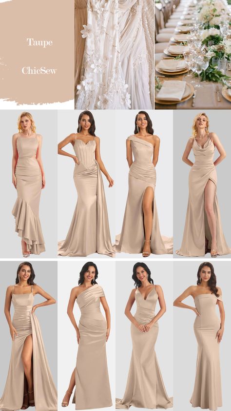 Matte Champagne Bridesmaid Dresses, Wedding Dresses Friends, Champagne Bridemaid Dress, Beige Wedding Dress Champagne The Bride, Beige Satin Bridesmaids Dresses, Champagne Bridemaids Dresses, Luxurious Bridesmaid Dresses, Bridesmaid Dresses Different Styles Same Color, Wedding Bridesmaid Dresses Beige