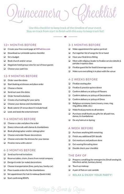 Complete Quinceanera Checklist & Timeline - eventsbyraina.com Quincenera Timeline, Planning Quinceanera Checklist, Quinceanera Event Timeline, Quinceanera List Of Things Needed, Quince Must Haves List, Quince Preparation List, Quince To Do List, Quince Planning Checklist, Quinceanera Checklist Planners