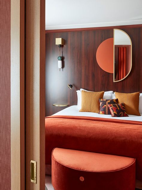 We’re So Ready to Escape to This New Hotel in Paris | Architectural Digest Masculine Bedroom Decor, Chaise Longue Design, Modern Hotel Lobby, Masculine Bedroom, Curved Furniture, Bold Decor, Adidas Design, Hotel Room Design, Memphis Design