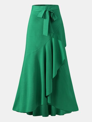 Green Skirt Fall, Ruffle Long Skirt, Womens Skirt Outfits, Maxi Skirts Summer, Mode Kimono, Long Skirt Fashion, Tulle Material, High Rise Style, Fishtail Skirt