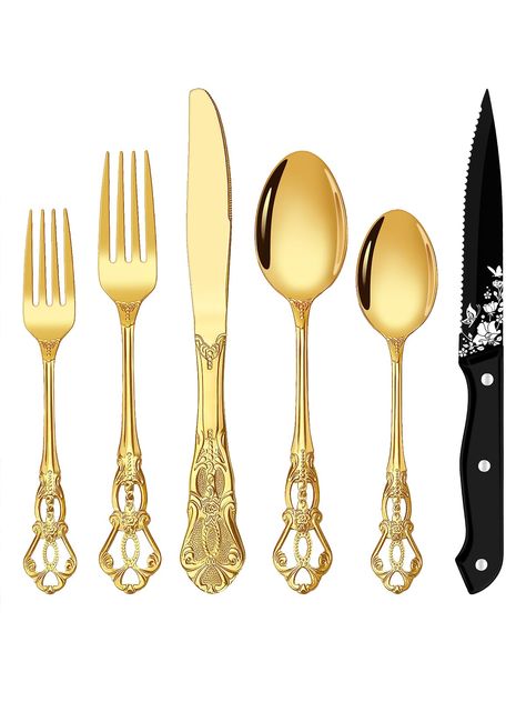 PRICES MAY VARY. 48PCS RETRO SILVERWARE SET - Including 8 dinner knives, 8 dinner forks, 8 dinner spoons, 8 salad forks, 8 teaspoons, and an additional 8 steak knives. The gorgeous and classy design is perfect for daily use and goes well with any style of home decor. It can also used as a table setting for family gatherings, parties, candlelight dinners, festival celebrations, housewarming, weddings, picnics, boudoir tea parties, etc. PRETTY BAROQUE STYLE -The palace flatware tableware has a bea Rose Gold Cutlery, Gold Utensils, Beautiful Flatware, Gold Cutlery Set, Gold Silverware, Black Cutlery, Gold Cutlery, Gold Flatware, Eating Utensils