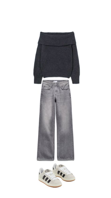 off shoulder sweater. adidas campus 00. zara high rise grey jeans . cool outfit idea. school outfit. uni/college outfit idea. Outfit Idea School, High Rise Jeans Outfit, Adidas Campus 00, Outfit Uni, Outfit Campus, Grey Sweater Outfit, Outfit Ideas College, Campus 00, Grey Jeans Outfit