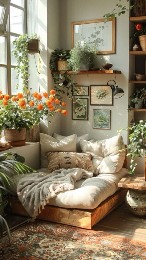 #roomdecor #houseplants #floorbed #greenery #natural #beige #boho Bedroom Inspo Natural, Living Room Design Colorful, Conservatory Reading Room, Cottagecore Daybed, Howls Moving Castle Home Aesthetic, Modern Style Apartment Decor, Quaint Apartment Aesthetic, Wabi Sabi Cottage, Indoor Plant Ideas Decor